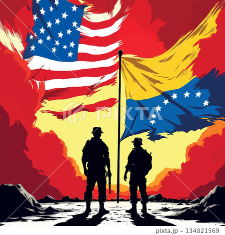 Vsai soldiers standing with usa and venezuela flags 134821569