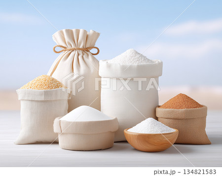 小麦粉や砂糖など粉類が並ぶナチュラルな食品素材 小麦粉や砂糖など粉類が並ぶナチュラルな食品素材 134821583