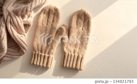 ベージュの手袋とマフラー 134821783