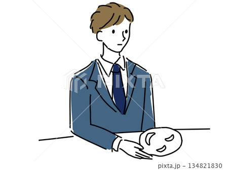 仮面を外すビジネスマン 本音と建前や心の空虚さ線画 134821830