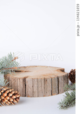 Wooden stand for goods. Stand mockup. New Year's card for advertising. Wooden stand for goods. Stand mockup. New Year's card for advertising. 134821859