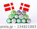 Battery. A lot of batteries on the background of the flag of the country. 134821883