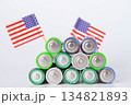 Battery. A lot of batteries on the background of the flag of the country. 134821893