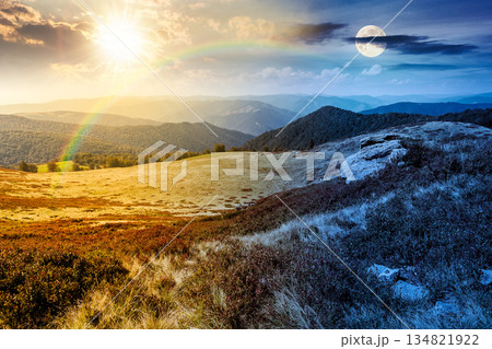landscape with grassy meadow of ridge. day and night time change concept. mountain scenery on summer solstice with sun and moon at twilight. travel background. nature duality and transition template landscape with grassy meadow of ridge. day and night time change concept. mountain scenery on summer solstice with sun and moon at twilight. travel background. nature duality and transition template 134821922