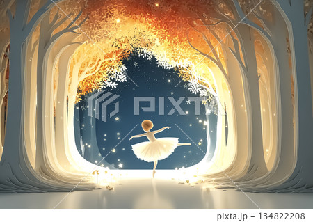 光の森で舞うバレリーナの妖精 ファンタジーイラスト 134822208