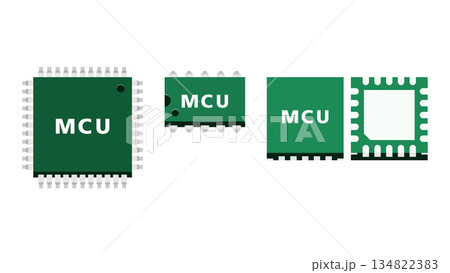 マイコンMCUチップの構造とパッケージ違いを示す制御用イラスト 134822383