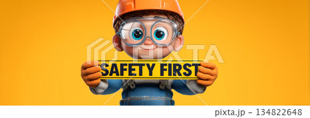A Cartoon Worker Holding a Safety First Sign on Yellow-Orange Background - Generative Ai 134822648