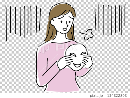 一幅線條簡潔的素描，描繪了一位女士摘下微笑口罩，嘆了口氣。 134822898