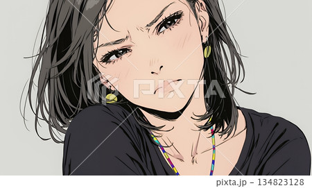 疑問や心配事、不快感、不満などを感じを感じて眉を潜めている若い女性