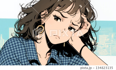 疑問や心配事、不快感、不満などを感じを感じて眉を潜めている若い女性