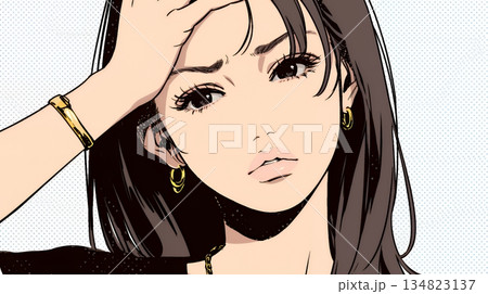 疑問や心配事、不快感、不満などを感じを感じて眉を潜めている若い女性