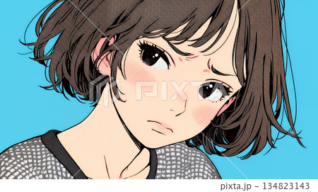 疑問や心配事、不快感、不満などを感じを感じて眉を潜めている若い女性