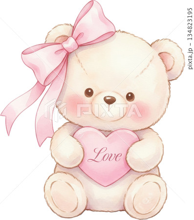 Cute teddy bear holding a pink heart with Loveのイラスト素材 [134823195] - PIXTA