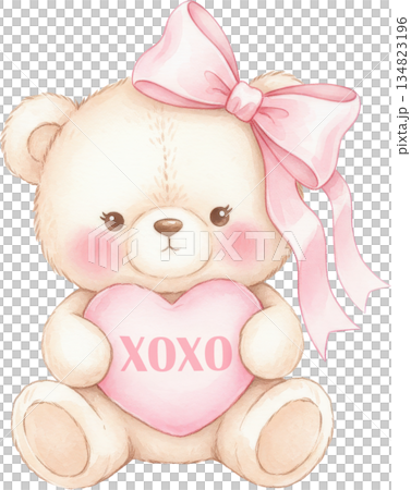 Cute teddy bear holding a pink heart with XOXO...のイラスト素材 [134823196 ...