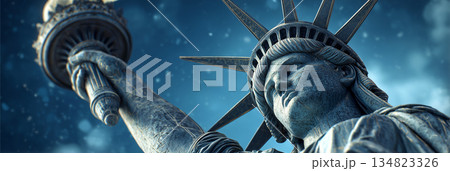 Extreme Close-Up of The Statue of Liberty Holding her Glowing Torch Against a Clear Blue Sky - Generative Ai 134823326