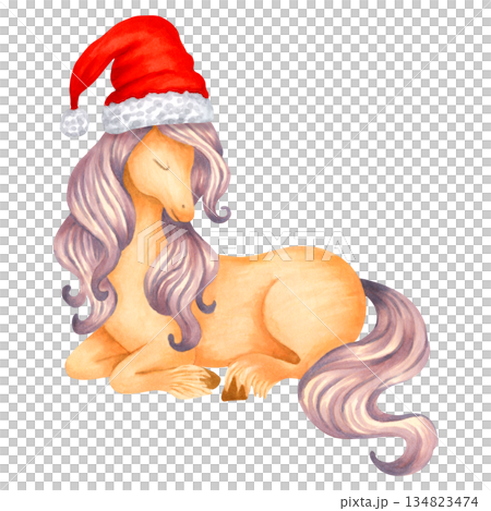 Watercolor illustration of a fantastical horse wearing a New Years hat. Fairytale creature for children. Hand drawn, isolated. Pony for nursery. Unicorn for Christmas and winter designs, baby shower Watercolor illustration of a fantastical horse wearing a New Years hat. Fairytale creature for children. Hand drawn, isolated. Pony for nursery. Unicorn for Christmas and winter designs, baby shower 134823474