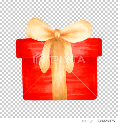 A red gift box decorated with a brown bow. Watercolor illustration. Hand drawn isolated art. Perfect for New Year's and holiday designs, cards, and invitations for Christmas and winter holidays A red gift box decorated with a brown bow. Watercolor illustration. Hand drawn isolated art. Perfect for New Year's and holiday designs, cards, and invitations for Christmas and winter holidays 134823475