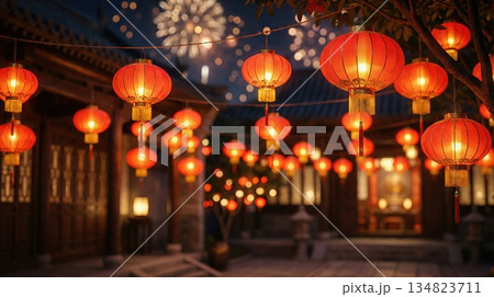 Chinese red lantern and fireworks in the night of Chinese New Year of happiness Chinese red lantern and fireworks in the night of Chinese New Year of happiness 134823711