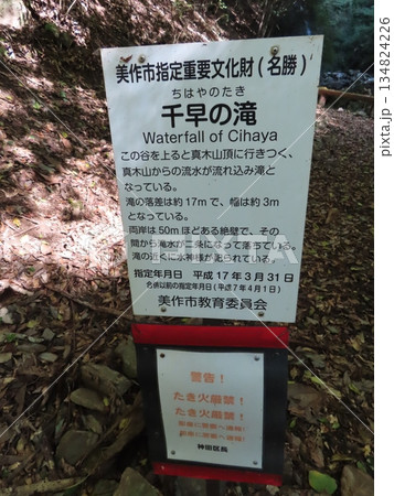 千早の滝、朱色が美しい長福寺の三重塔が建つ山の裏手、真木山から流れ出る滝、滝水が二条になって落ちます 134824226