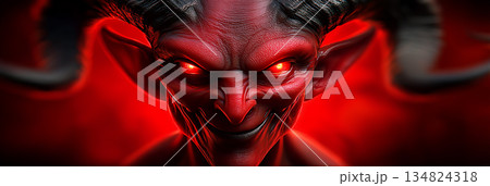 Portrait of A Hyper-Realistic 3D Rendering of a Red and Black Devil Head with Glowing Red Eyes - Generative Ai 134824318