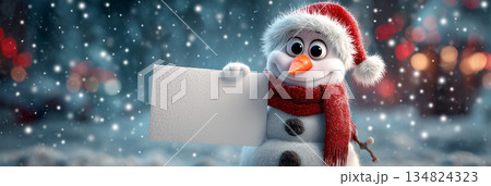 Portrait of a Smiling Snowman Dressed as Santa Claus Holding a Blank Festive Sign in a Snowy Winter Scene - Generative Ai 134824323