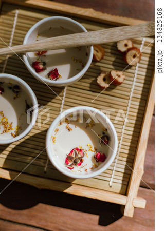 hot tea on a rustic wood background 134825168