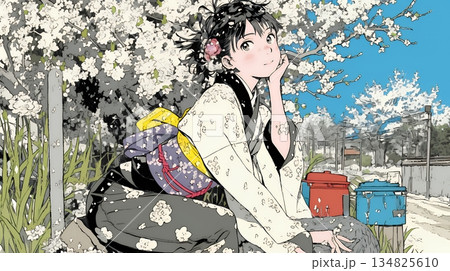 満開の梅の花と和服姿の若い女性