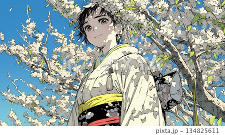 満開の梅の花と和服姿の若い女性