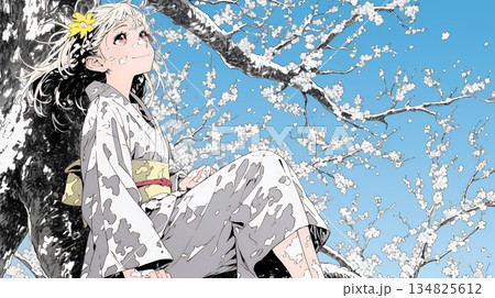 満開の梅の花と和服姿の若い女性