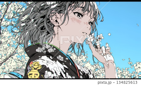 満開の梅の花と和服姿の若い女性