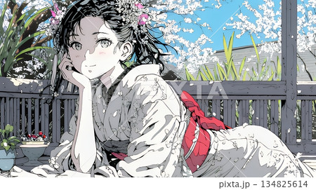 満開の梅の花と和服姿の若い女性