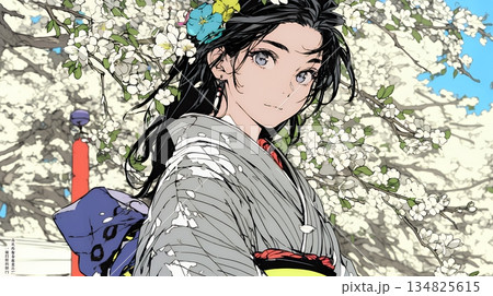 満開の梅の花と和服姿の若い女性