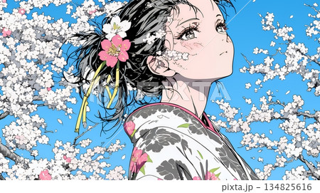 満開の梅の花と和服姿の若い女性