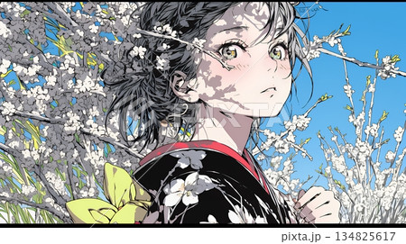 満開の梅の花と和服姿の若い女性