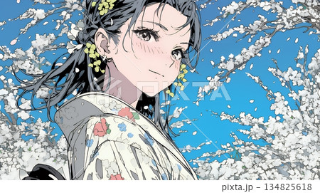 満開の梅の花と和服姿の若い女性