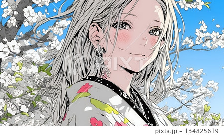 満開の梅の花と和服姿の若い女性