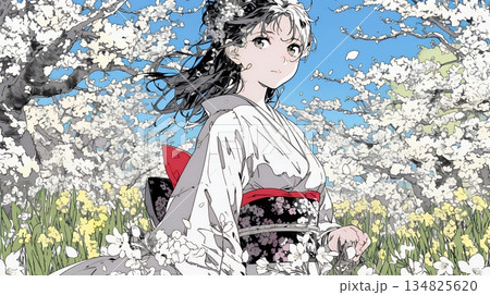 満開の梅の花と和服姿の若い女性