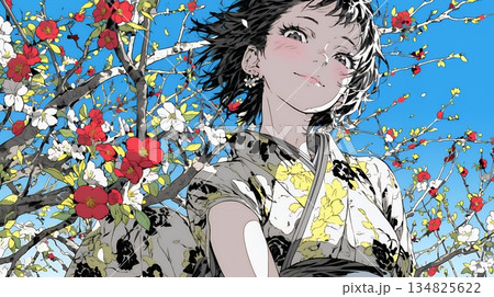 満開の梅の花と和服姿の若い女性