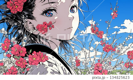 満開の梅の花と和服姿の若い女性