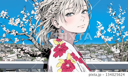 満開の梅の花と和服姿の若い女性