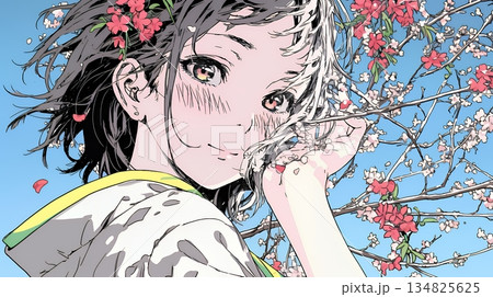 満開の梅の花と和服姿の若い女性