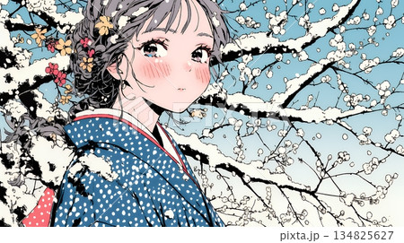 満開の梅の花と和服姿の若い女性