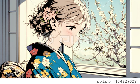 満開の梅の花と和服姿の若い女性