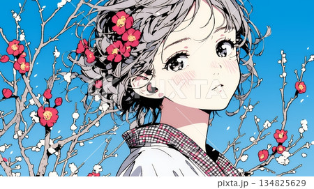 満開の梅の花と和服姿の若い女性