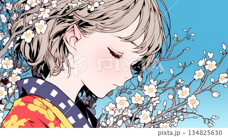 満開の梅の花と和服姿の若い女性