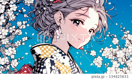 満開の梅の花と和服姿の若い女性