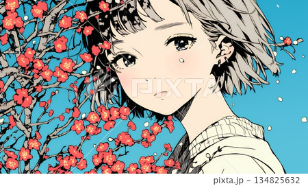 満開の梅の花と和服姿の若い女性