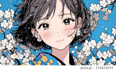 満開の梅の花と和服姿の若い女性