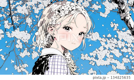 満開の梅の花と和服姿の若い女性 134825635