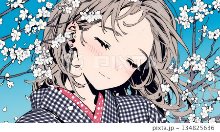 満開の梅の花と和服姿の若い女性